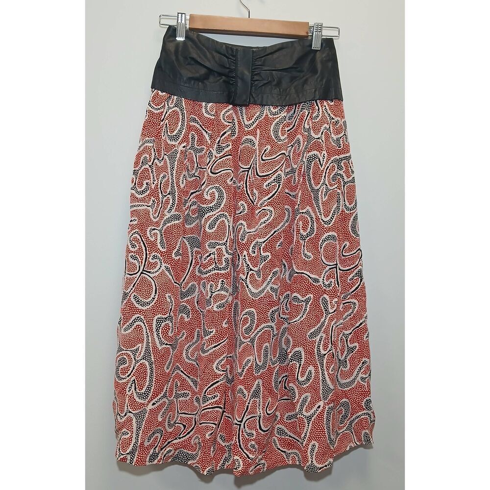 Vtg 80's bellino paris womens small long midi skirt 100% silk red black leather